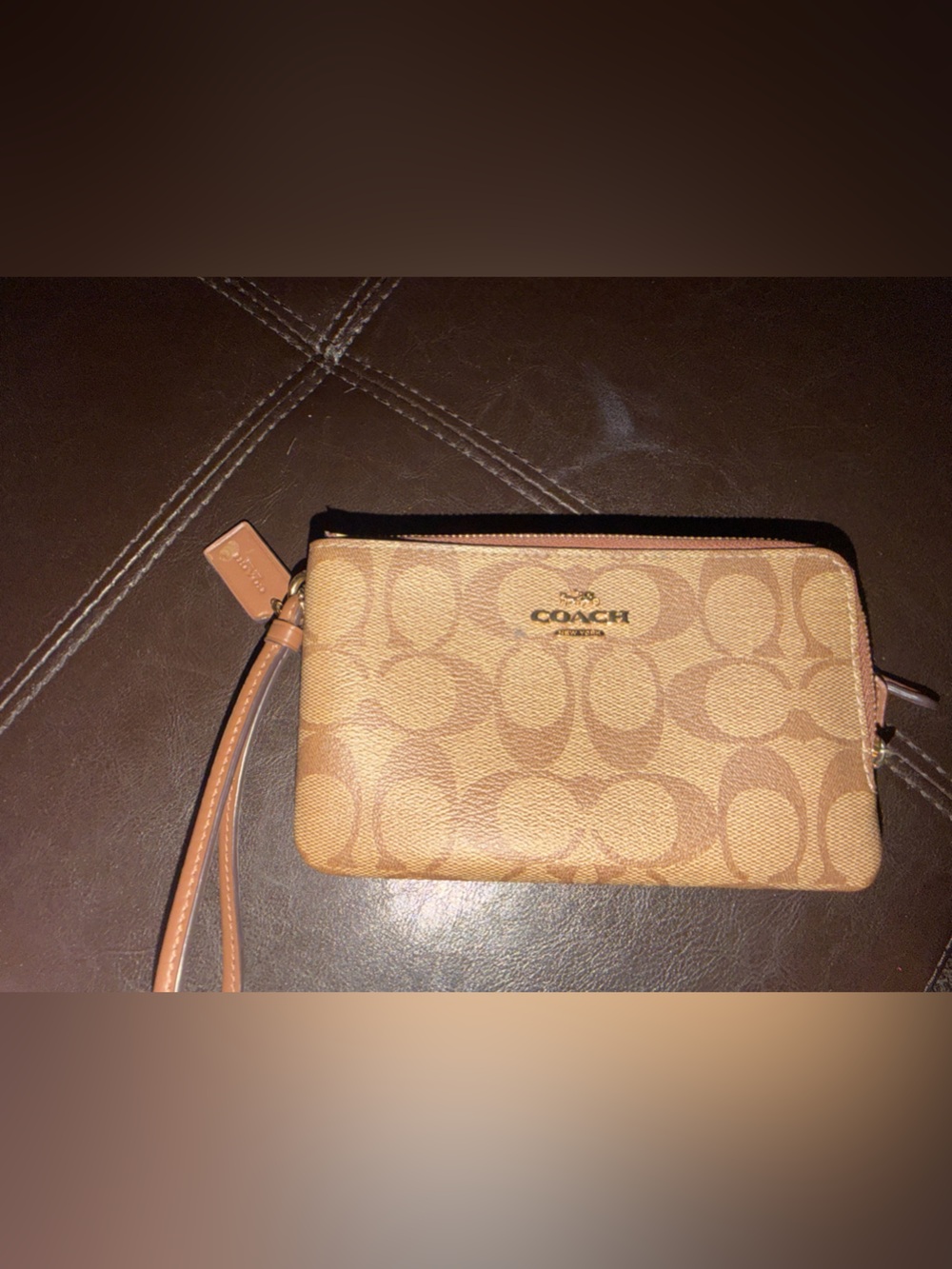 Coach Tan Signature Canvas Wristlet with Leather Strap